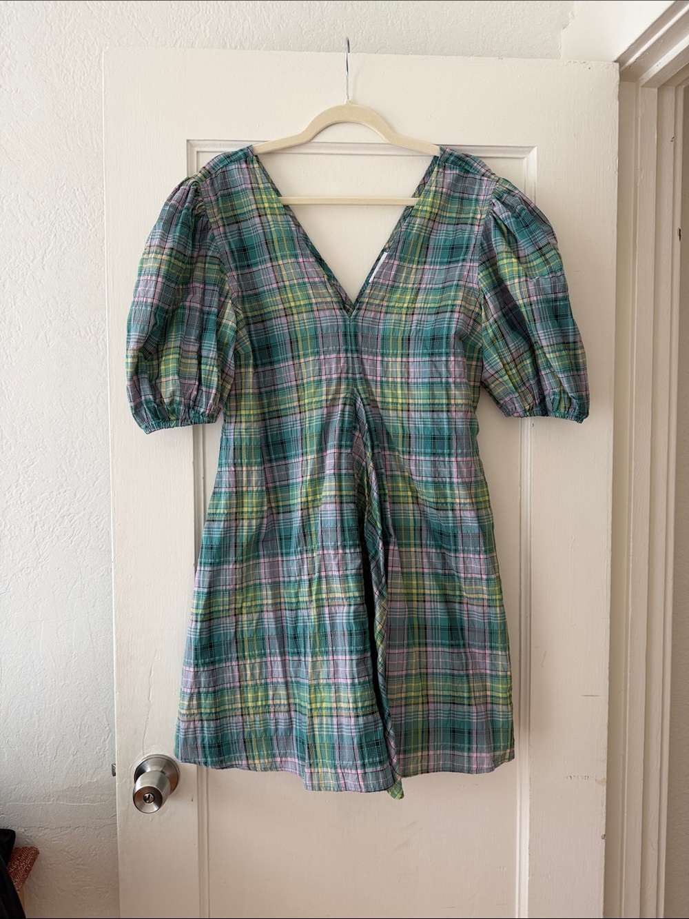 Ganni Teal Green Plaid V-Neck Puff Sleeve Mini Dress
